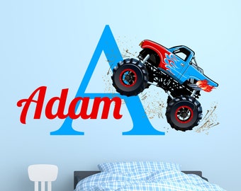 Personalized Monster Truck Wall Decal - Wall Decor - Nursery Monogram Truck Theme Kids Bedroom Decor Baby Boy Room Vinyl Sticker CR102
