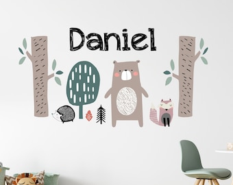 Calcomanía de pared con nombre de bosque personalizado, Decoración de guardería de bosque, Calcomanía de pared con nombre personalizado, Vinilo artístico de oso del bosque, Decoración para niños, Pegatina CR26
