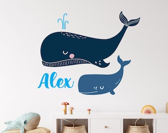 Calcomanía de pared de ballena personalizada - Calcomanía de pared de vivero con nombre de niño - Calcomanía de pared de ballena con nombre - Calcomanía de vinilo náutico Monogram Boys Room CR72