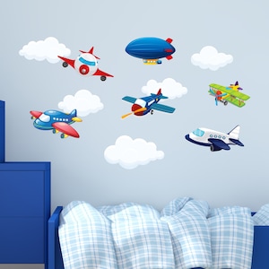 Airplane Wall Decals - Nursery Wall Decals - Vintage Airplane Wall Decor Kit - Hot Air Balloon Decals Clouds Nursery Wall Stickers CR08