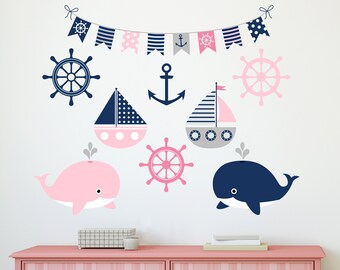 Calcomanía de pared de ballena con ancla náutica, calcomanía de tema náutico marino de ballena, calcomanía de pared para niñas de guardería para el hogar, dormitorio, niños, pegatina de vinilo CR81