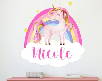 Calcomanía de pared arcoíris personalizada - Adhesivo de pared arcoíris para niña - Unicornio arcoíris acuarela - Letrero con nombre personalizado - Adhesivo de pared CR63
