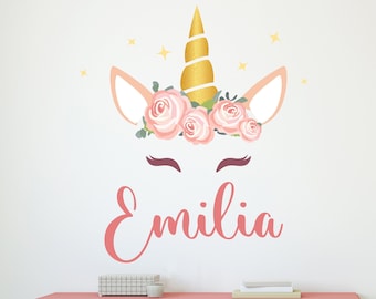 Calcomanía de pared de unicornio con nombre personalizado, Calcomanías de pared con nombre de niña, Arte de pared de unicornio, Vinilo para dormitorio de niñas, Decoración de pared CR82