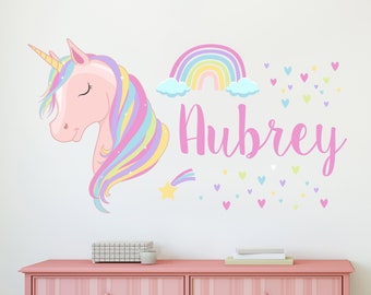 Personalisierter Mädchennamen-Wandaufkleber – Einhorn-Wandaufkleber – Regenbogen und Sterne, Vinyl-Wanddekoration für Babys, Kinder, Mädchen, individuelle Wandaufkleber CR99