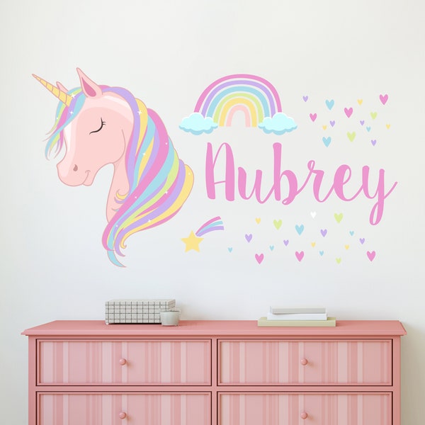 Personalized Girls Name Wall Decal - Unicorn Wall Decals - Rainbow & Stars Vinyl Wall Decor for Babies Kids Girls Wall Custom Stickers CR99