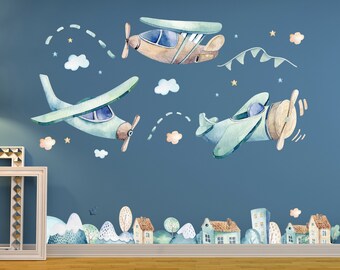 Acuarela avión pared calcomanía - vivero pared arte - avión y ciudad pared calcomanía niños habitación acuarela niños pared calcomanía vinilo pegatinas CR42