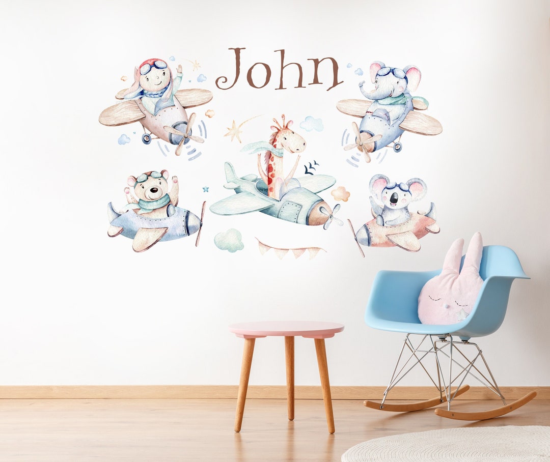 Airplanes Name Wall Decal - Personalized , Watercolor Animals Stickers ...