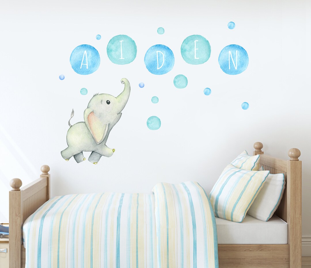 Personalized Elephant Name Wall Decal Watercolor Dots Name Wall Decals