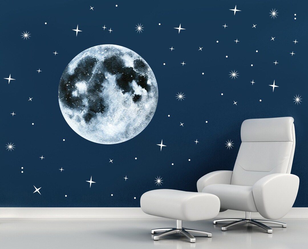 Moon Stars Wall Decal - Moon Space Wall Sticker - Moon & Stars Wall ...
