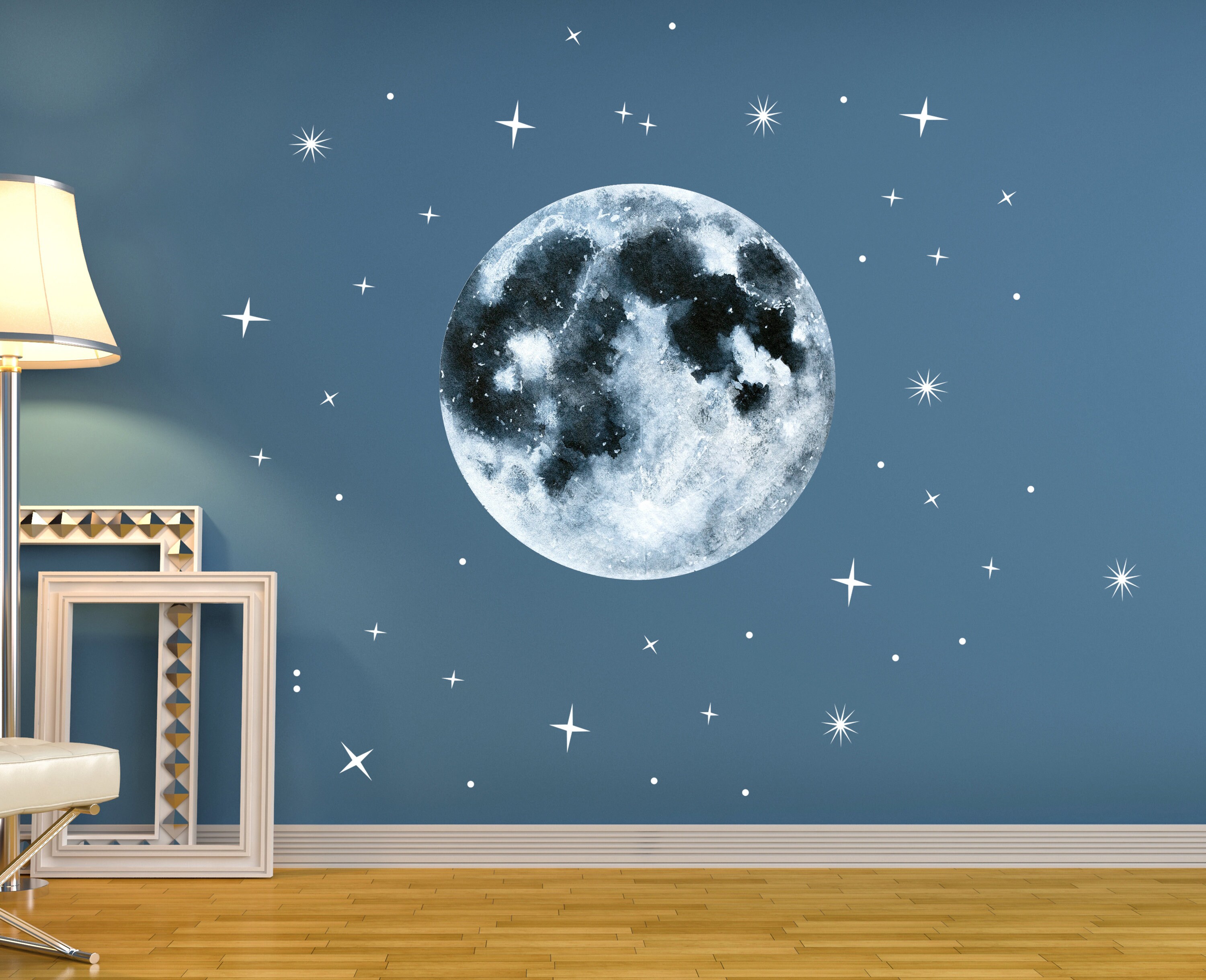 Moon Stars Wall Decal - Moon Space Wall Sticker - Moon & Stars Wall
