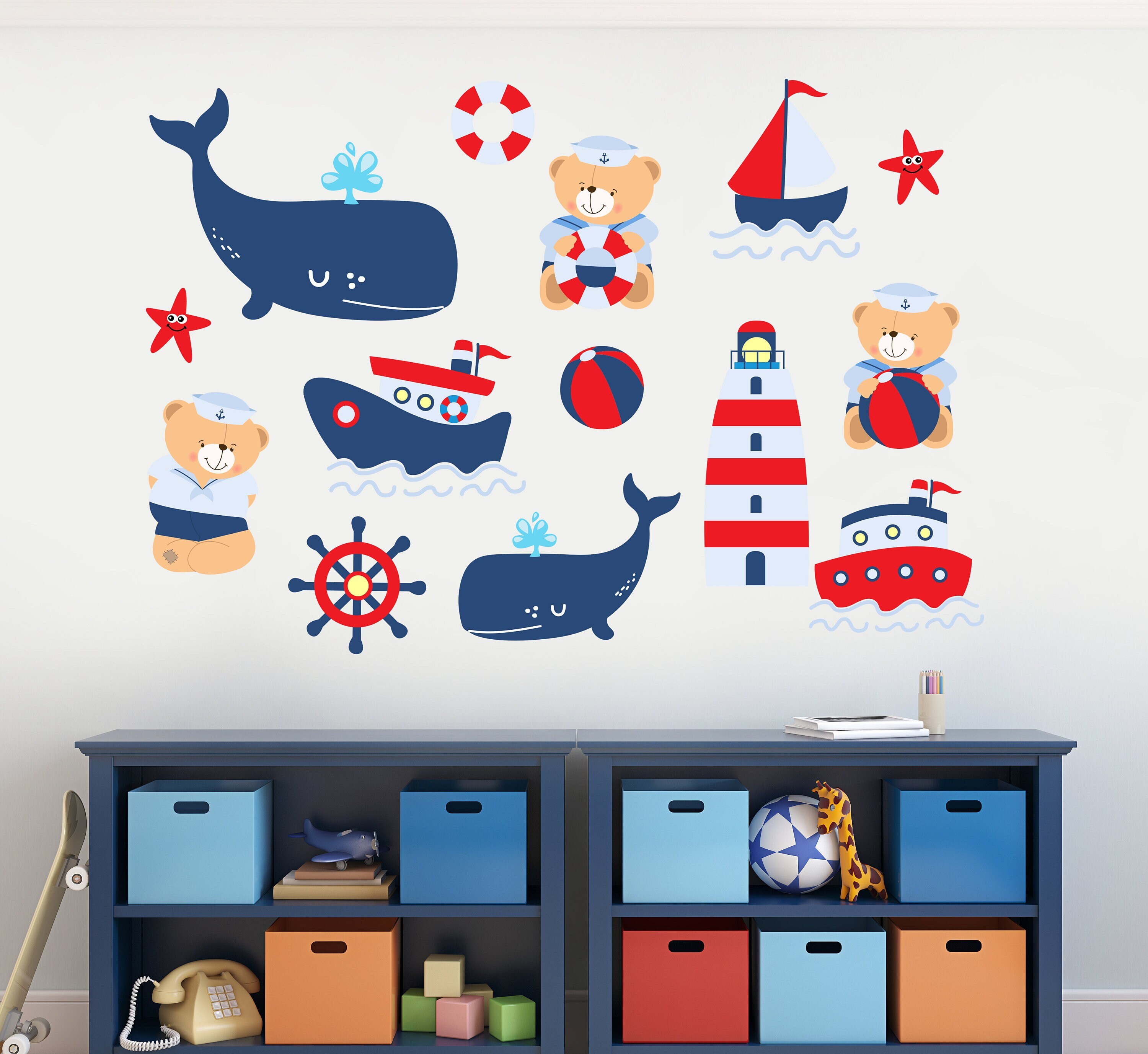 Custom Name Lighthouse & Whale Wall Decal - Nautical Nursery Decor, 30x15 Inches, Made In USA