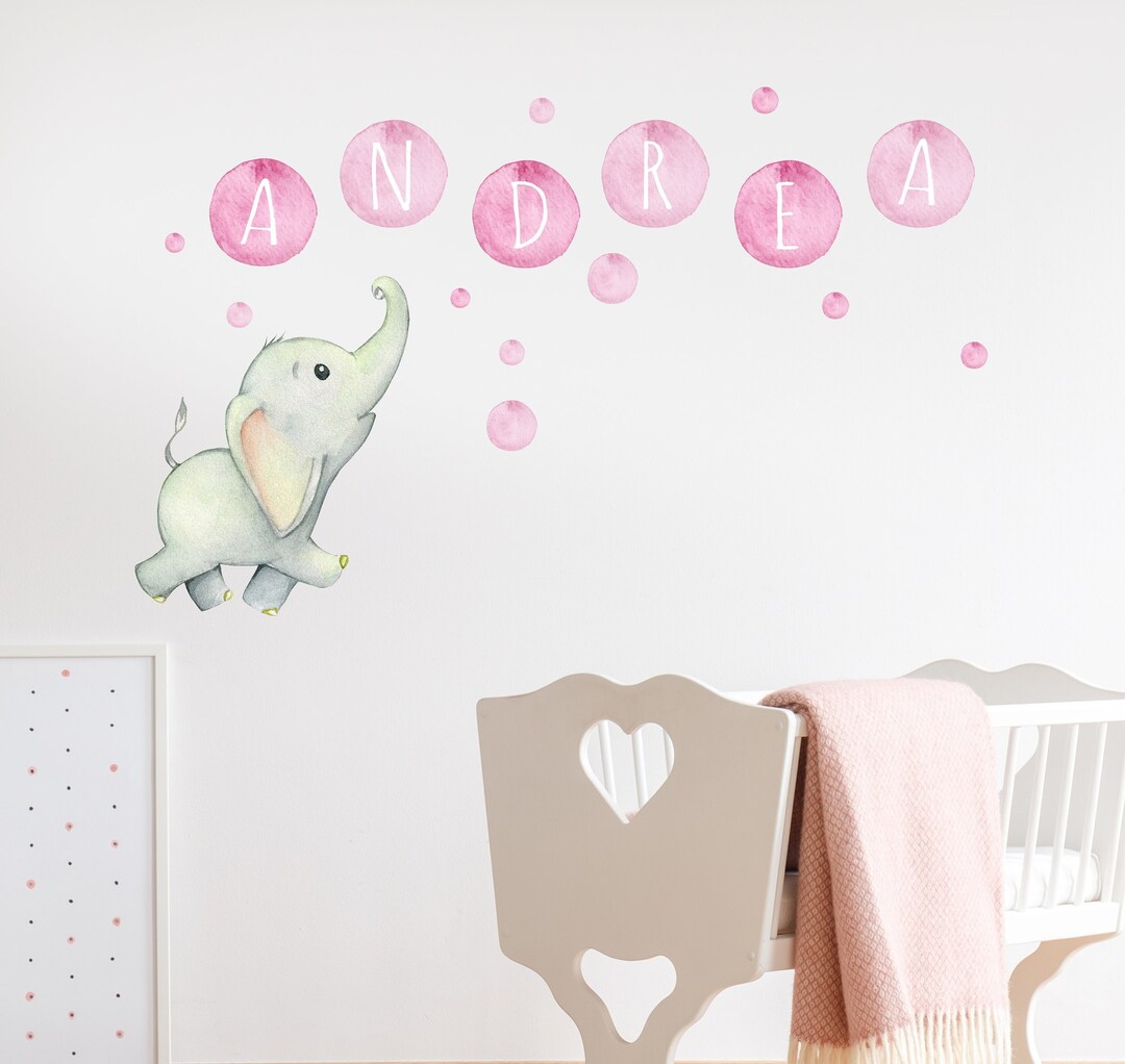 Watercolor Elephant Name Wall Decal Personalized Dots Name Wall Decals