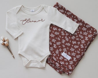 Hand-embroidered Bodysuit + Swaddle Baby Gift Set