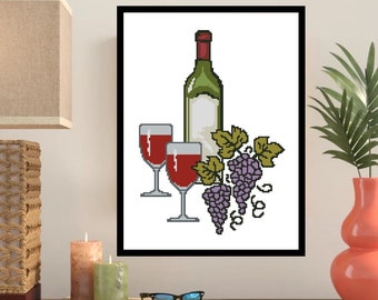 May include: A cross-stitch design featuring a bottle of red wine, two wine glasses, and a bunch of grapes. The wine bottle is green with a white label. The wine glasses are filled with red wine. The grapes are purple and green.