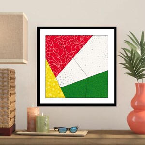 May include: Abstract geometric art print with a red, white, yellow, and green color scheme. The print features a patchwork design with different patterns and textures.