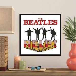 Puede incluir: Una imagen en blanco y negro de los miembros de la banda The Beatles de pie sobre la palabra "HELP!" en letras rojas, amarillas y blancas. Los miembros de la banda están en silueta sobre un fondo blanco. El texto "THE BEATLES" está en letras rojas sobre los miembros de la banda.