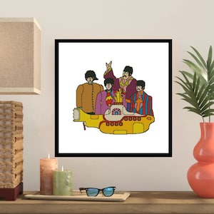 May include: A yellow submarine with four cartoon figures standing on top. The figures are wearing colorful clothing and have black hair. The submarine has a yellow body, a black periscope, and a black window.