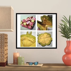 Puede incluir: Un alfiletero de tela verde y marrón con un diseño floral. El alfiletero está abierto para revelar un interior amarillo con múltiples compartimentos para alfileres. El alfiletero se muestra en cuatro posiciones diferentes.