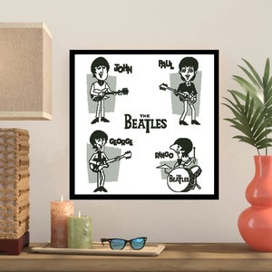 May include: Black framed print featuring cartoon illustrations of The Beatles band members: John, Paul, George, and Ringo. Each member is depicted playing their instruments. The Beatles logo is centered below the illustrations.