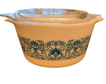 Cazuela Pyrex Horizon Blue vintage de 1,5 cuartos de galón, n.° 11, con tapa, de vidrio blanco opalino.