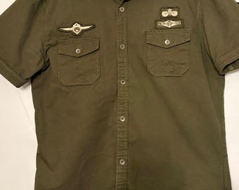Original Marines Boys Size L Military Patch Short Sleeve Shirt Olive Green