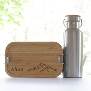 Edelstahl Lunchbox und Trinkflasche mit Bergmotiv personalisiert Set: Flasche und Box
