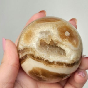 Chocolate Banded Calcite Crystal With Druzy Pocket Sphere - Amber Onyx Calcite Chocolate Calcite Crystal Ball With Druzy Crystals