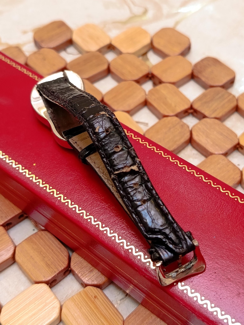 May include: A silver wristwatch with a black leather band is displayed on a red box. The watch band is textured and has a gold-colored buckle. The watch is set against a background of wooden tiles.
