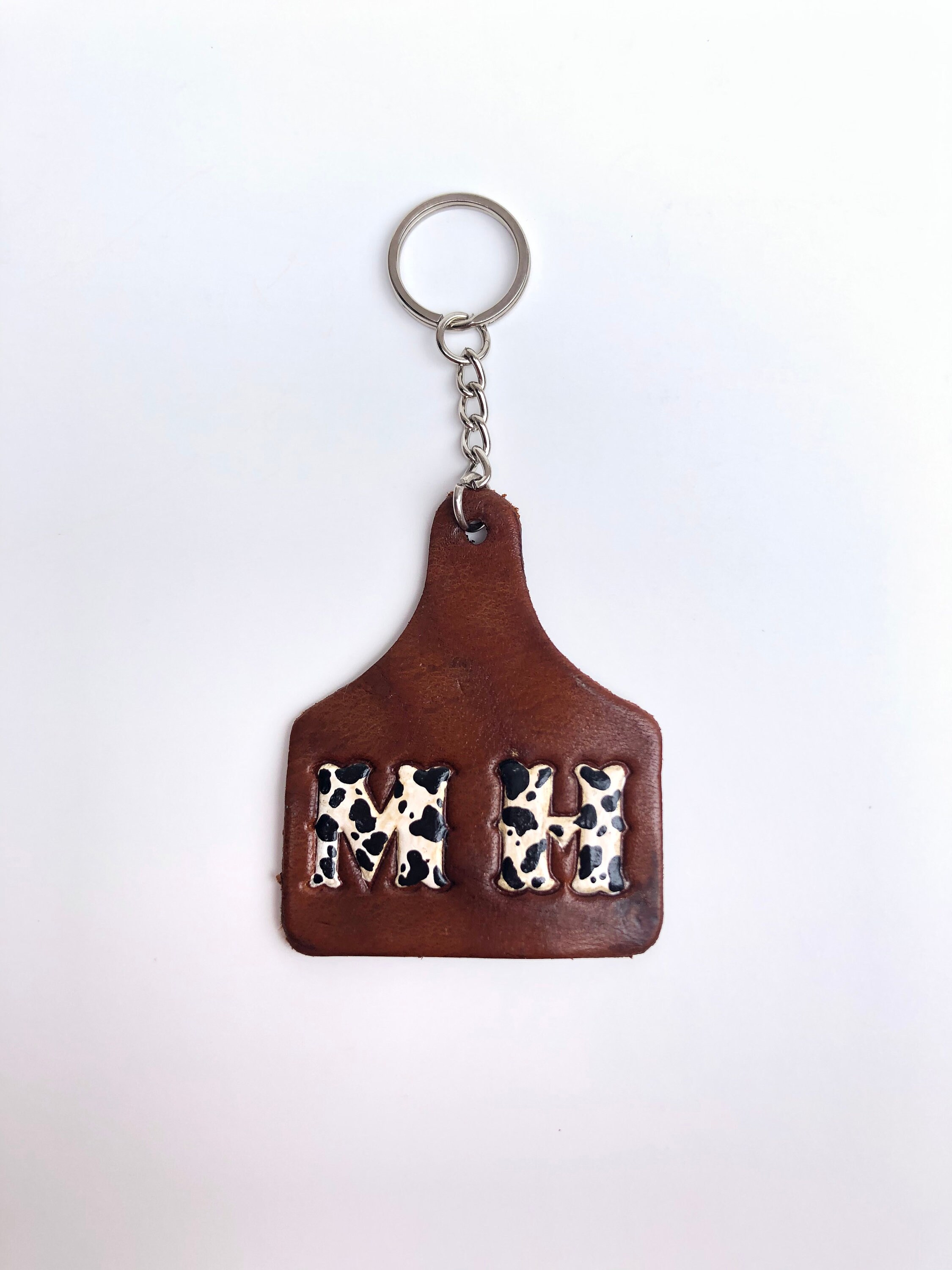 Hand Tooled Personalized Leather Cow Tag Keychain Etsy