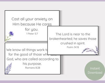 12 biglietti con versetti biblici floreali di Lavender Grace per alleviare l'ansia e trovare incoraggiamento, in formato PDF stampabile.