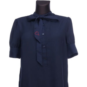 Dior D UNIFORMS Navy Blue Short Sleeve Tie Neck Blouse Size UK 10 US 6