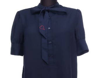 Dior D UNIFORMS Women's Navy Blue Short Sleeve Tie Neck Blouse Size UK 10 US 6 Authentic Designer Wear