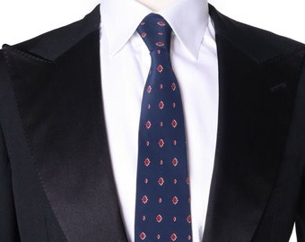 Vintage YVES SAINT LAURENT Silk Navy Geometric Pattern Narrow Necktie Tie Authentic Designer Wear