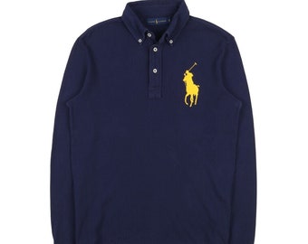 RALPH LAUREN Mens Navy Blue Pique Cotton Long Sleeve Big Pony Polo Shirt Size S Authentic Designer Wear