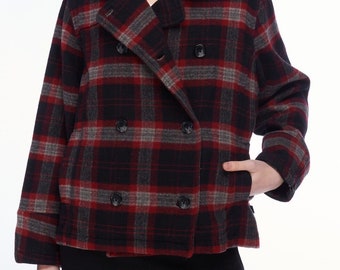 WOOLRICH Short Coat Red Black Plaid Wool Women's Double Breasted Jacket Size M