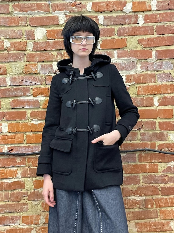 BURBERRY BRIT Black Wool Womens Duffle Coat With Check Hood BURBERRY BRIT Black Wool Womens Duffle Coat With Check Hood