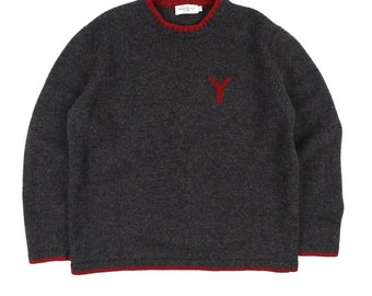 YVES SAINT LAURENT Ysl Logo Men's Grey Crew Neck Wool Sweater Jumper Size Xl Authentic Designer Wear