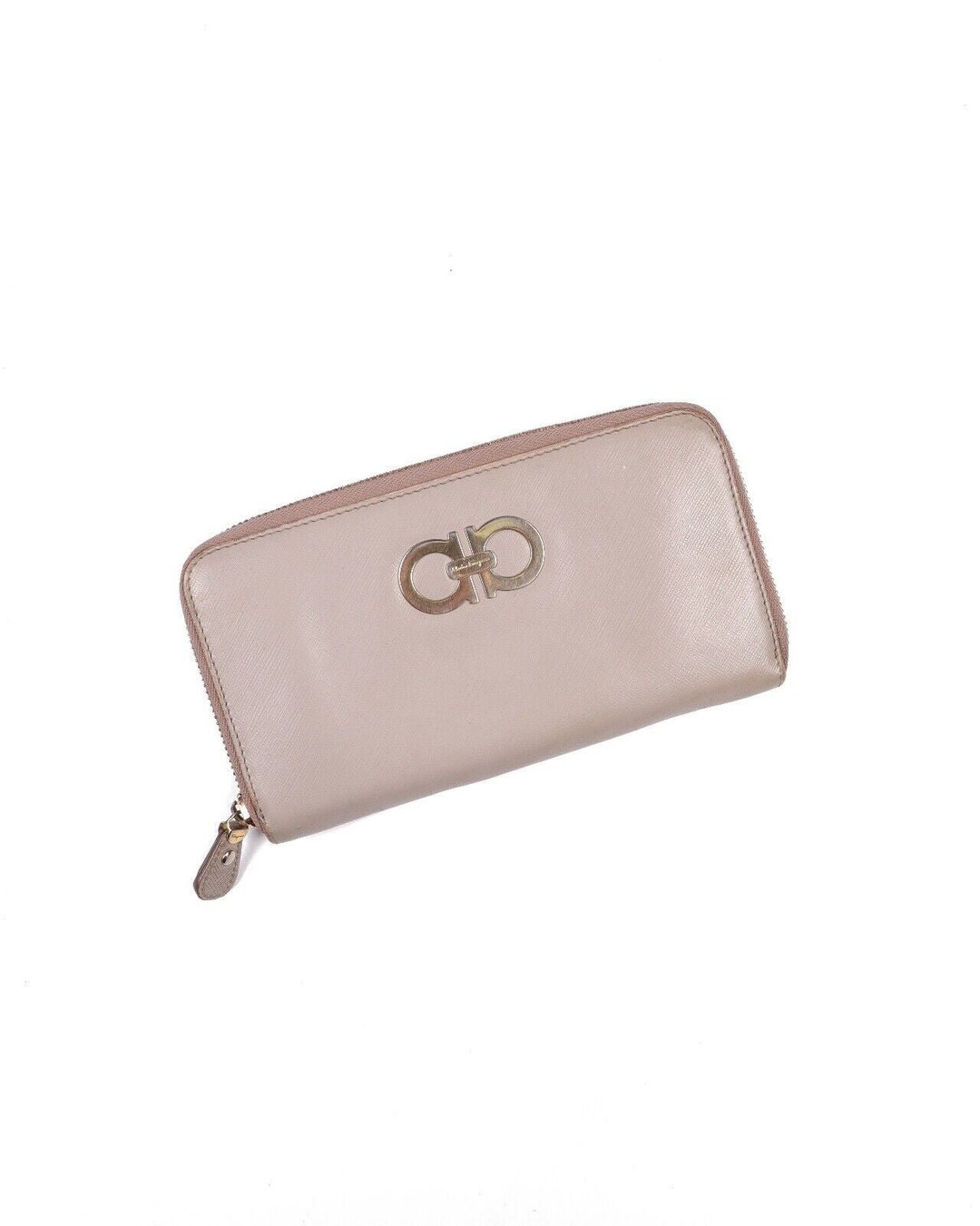 SALVATORE FERRAGAMO Beige Leather Big Zip Purse Wallet Authentic