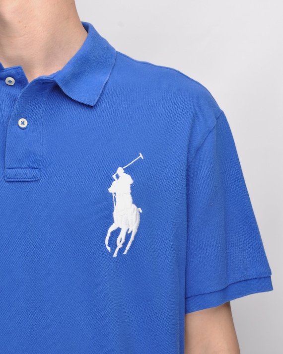 RALPH LAUREN Big Pony Blue Pique Cotton Logo Polo Shirt Mens Size