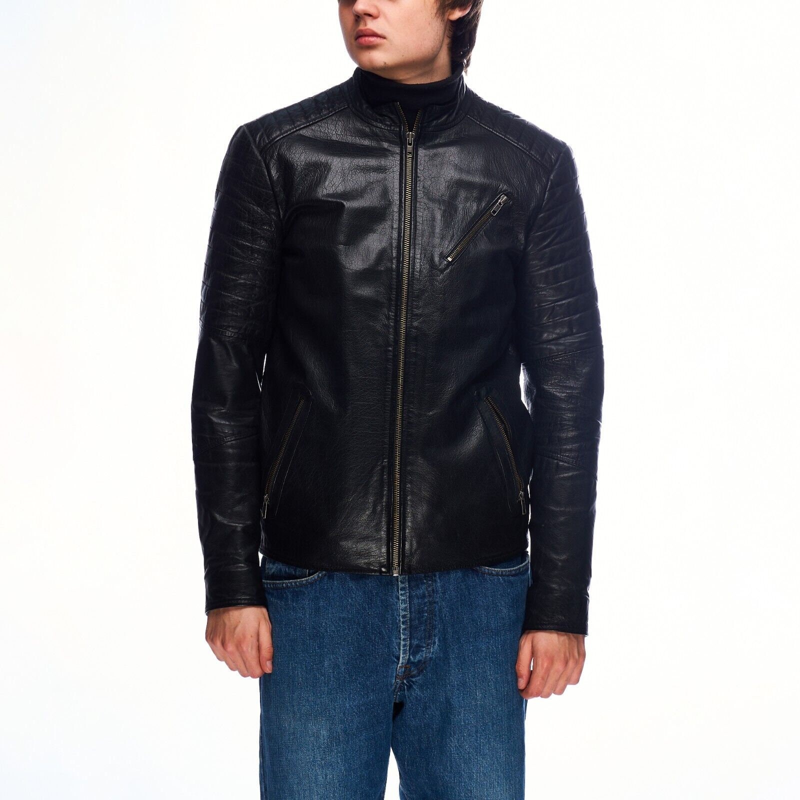 SELECTED HOMME Men's Black Leather Moto Biker Zip Jacket Size S