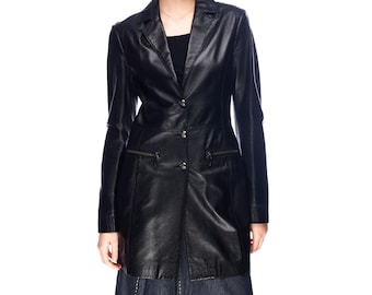 Abrigo de cuero negro vintage VERSACE Jeans Couture, chaqueta de diseñador (talla S)