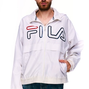 FILA Hooded Jacket White Nylon Men's Sportswear Big Logo Size 46
