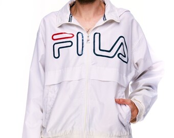FILA męska biała nylonowa kurtka z kapturem Sportswear duże logo rozmiar 46 autentyczne ubrania projektanta