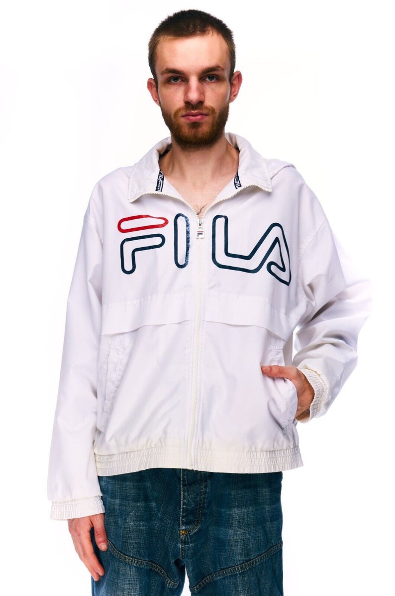 FILA Hooded Jacket White Nylon Men's Sportswear Big Logo Size 46