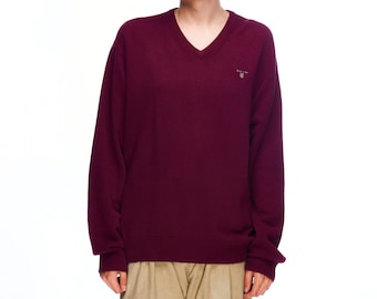 Vintage GANT V-Neck Sweater Borgoña Cotton Men's Knit Jumper Talla L Auténtico