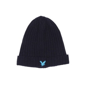 LYLE & SCOTT Black Wool Blue Eagle Logo Beanie Hat Authentic Designer Accessories