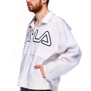 FILA Hooded Jacket White Nylon Men's Sportswear Big Logo Size 46