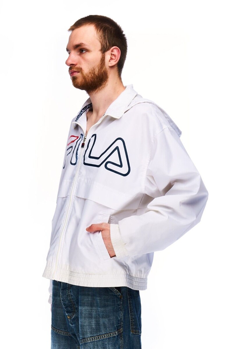 FILA Hooded Jacket White Nylon Men's Sportswear Big Logo Size 46