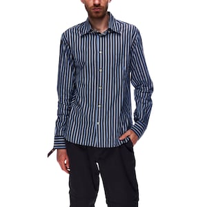 MARINA YACHTING Shirt Navy Blue Striped Cotton Men&#39;s Button Up Size 40