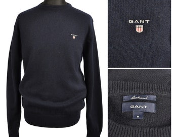 GANT Maglione pullover girocollo lavorato a maglia in lana d'agnello blu navy da uomo taglia M Abbigliamento vintage autentico firmato